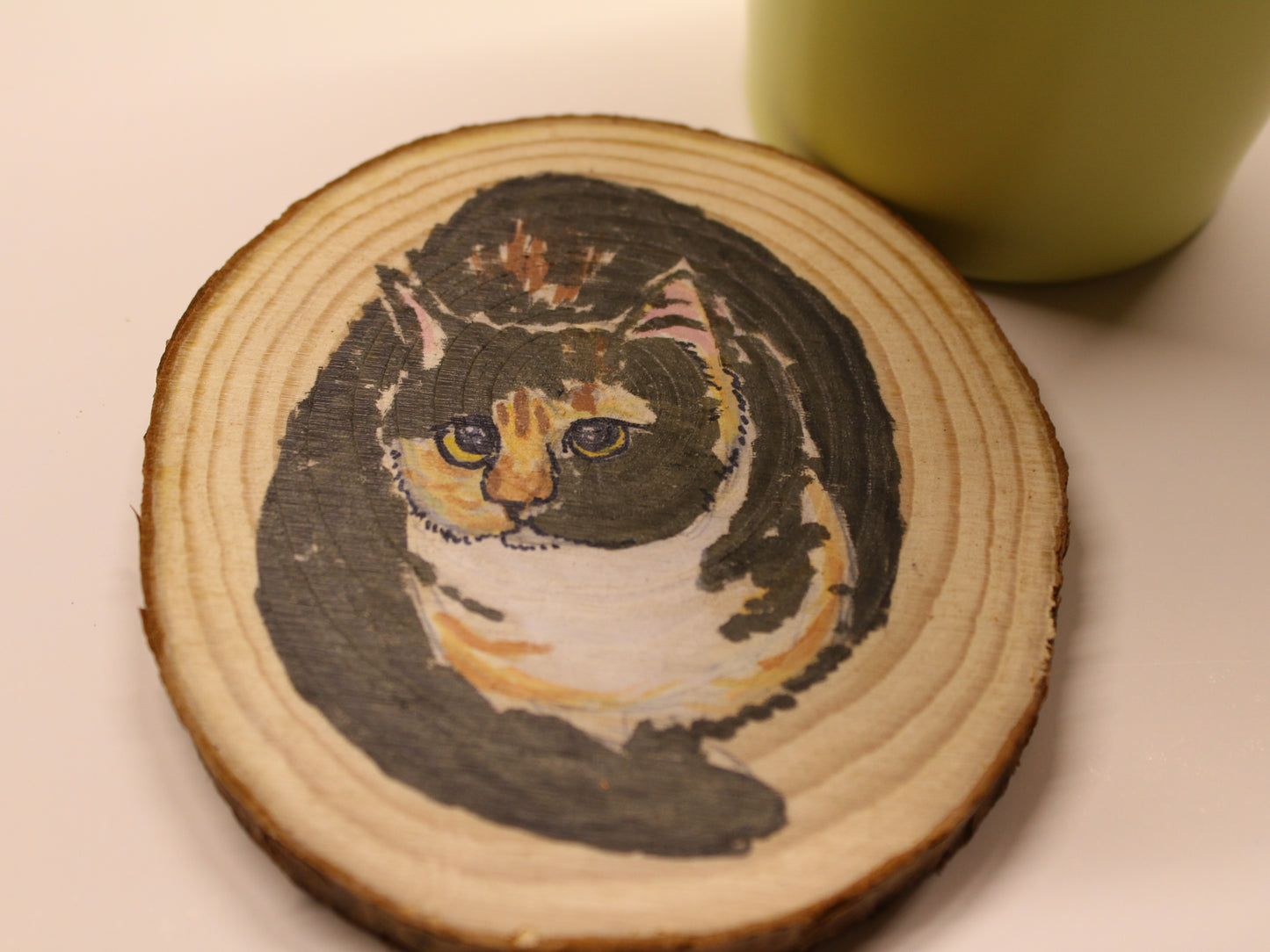 Circular Natural Wooden Coaster with Mini Hand-drawn Pawtrait on