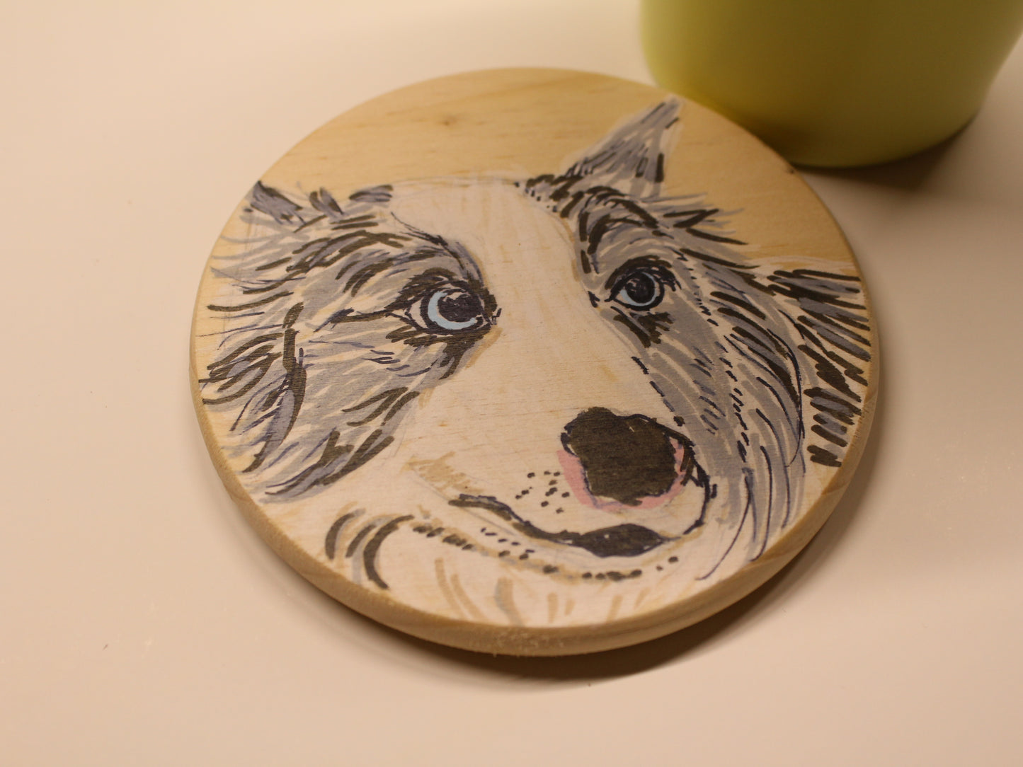 Circular Wooden Coaster with Mini Hand-drawn Pawtrait on