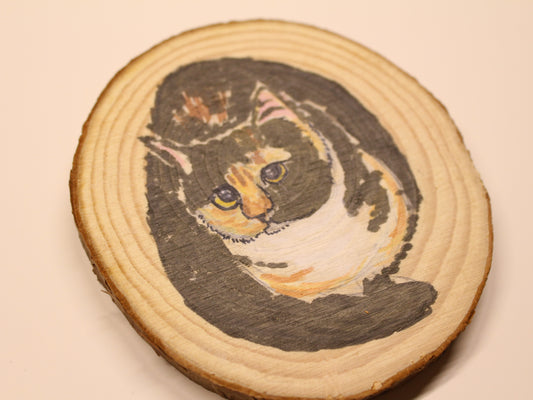 Circular Natural Wooden Coaster with Mini Hand-drawn Pawtrait on